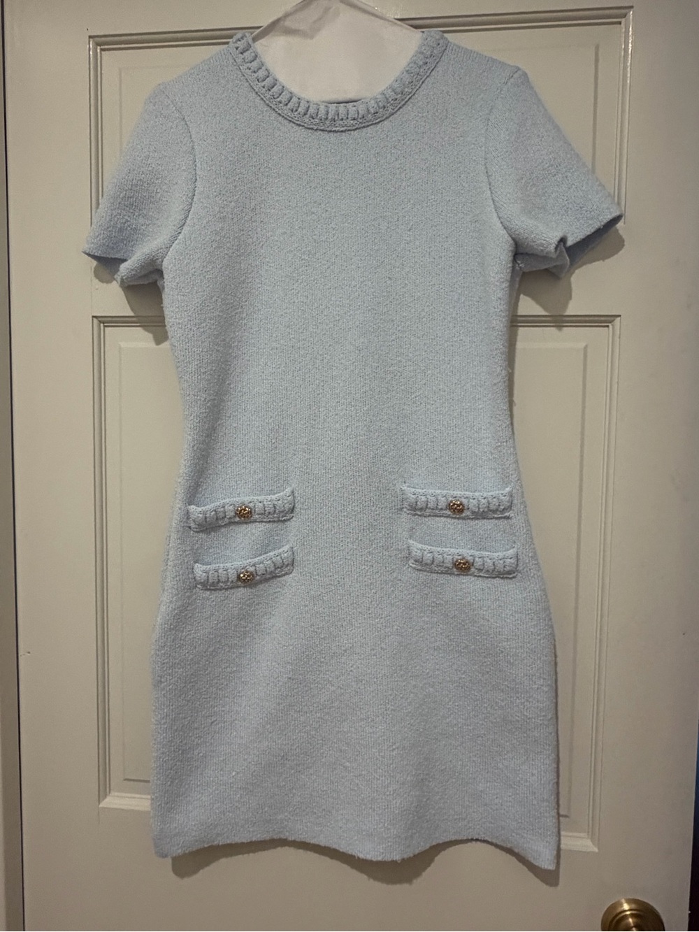 Endless Rose Light Blue Bouclé Mini Dress with Gold Buttons